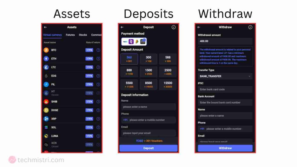 Ril Trade app assets deposits and withdraw
