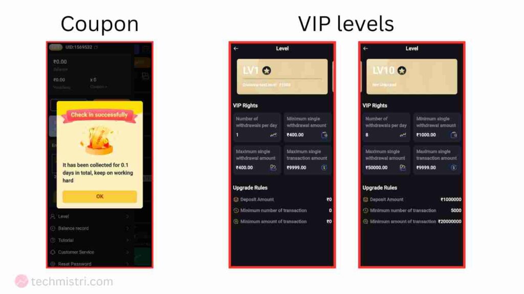Rill trade app vip levels and coupon system