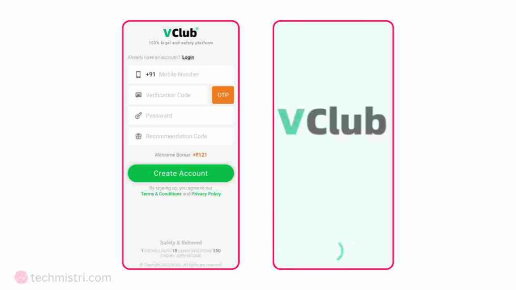 Vclub app interface home screen