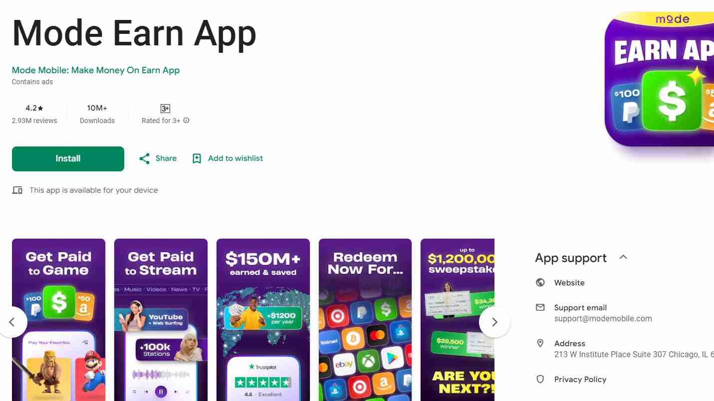 Mode Earn App Home Page
